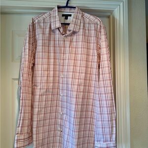 Banana Republic Men's Pink and White Plaid Shirt